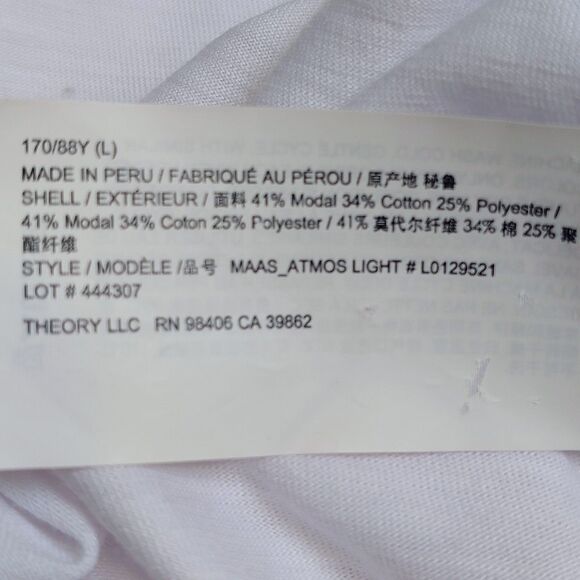 Theory Maas Atmos Light Top Shirt Women's Large White Minimalist 3/4 Sleeve - Picture 6 of 9